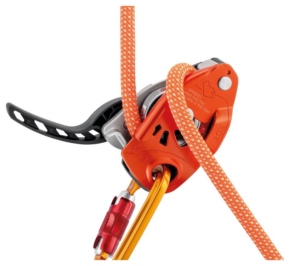 Neox - orange, belay device with cam-assisted blocking