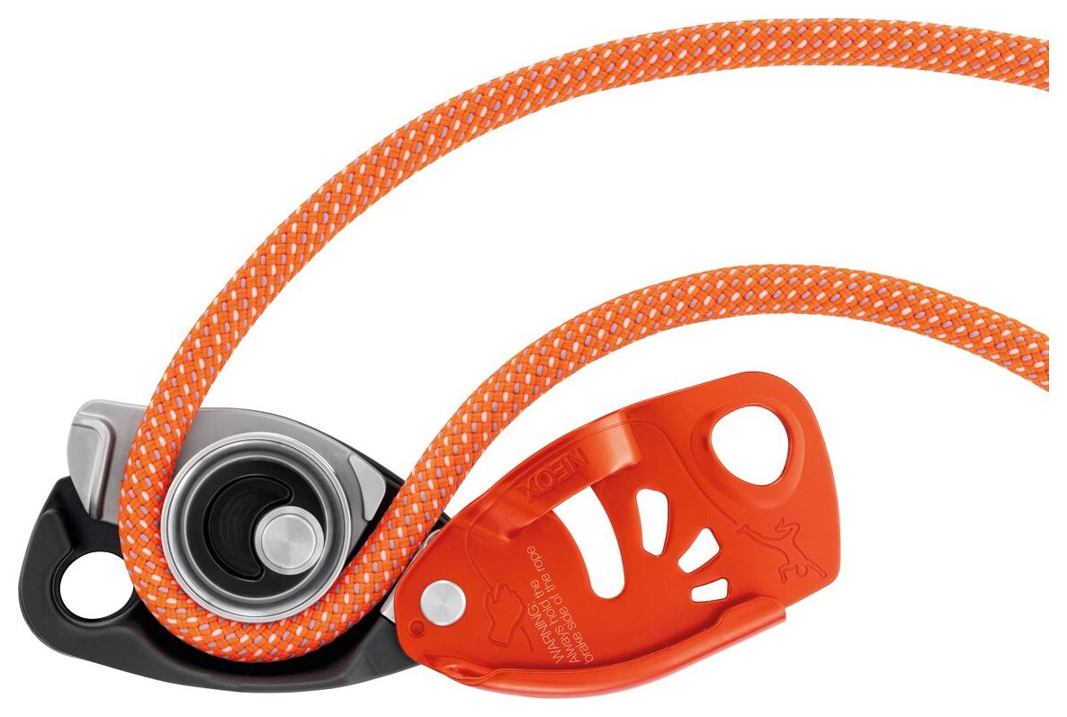 Neox - orange, belay device with cam-assisted blocking